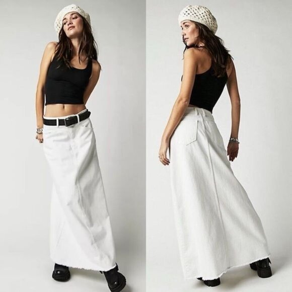 Free People Dresses & Skirts - NWT Free People Come As You Are Denim Maxi Skirt 4 Daisy White Frayed Raw Hem